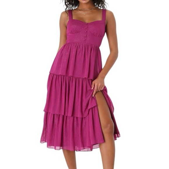 Lulus Tier for the Drama Magenta Purple Lurex Tiered Midi Dress - Picture 1 of 15